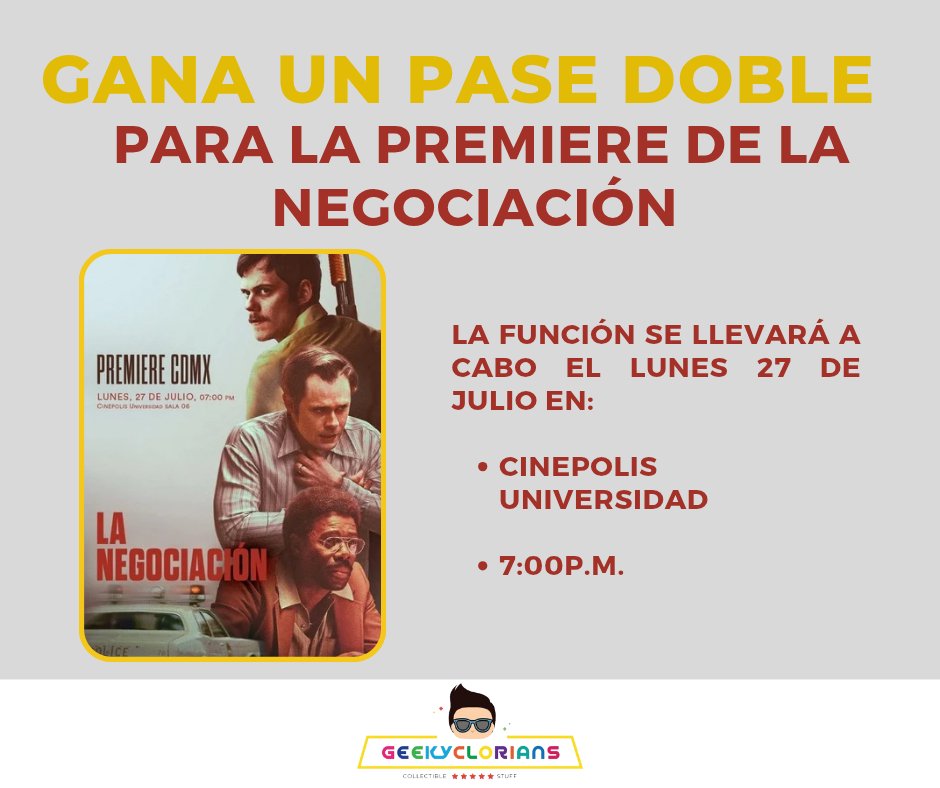 Geekyclorians's tweet photo. 🚨 GIVEAWAY 🚨
Gracias a @cineCANIBAL tenemos 🎟️ 5 PASES DOBLES para la premiere el lunes en CDMX de #LaNegociación 

Para participar: 
✨ Sigue a @cineCANIBAL y a @geekyclorians en X e IG
✨ Da 🔄
✨ Comenta:
¿Qué crees que nunca debe faltar en una buena negociación? https://t.co/Z2uoOh4TQz