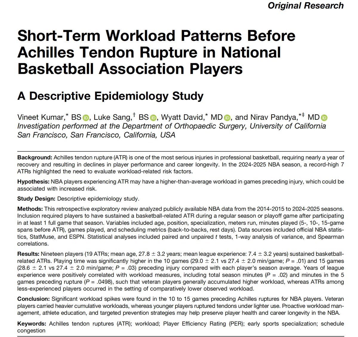DrNiravPandya's tweet photo. New research: We studied every NBA Achilles tear from 2014-2025 (19 players) to find out what happens in the games right before the injury.

The finding: minutes played spiked significantly in the 10-15 games before rupture — even though season-long workload looked totally normal.

7 Achilles tears in 2024-25 alone.
3 of those tears occurred in the playoffs.
 
This is a real, growing problem in the league.

Full paper: https://t.co/xIcfJJRxui