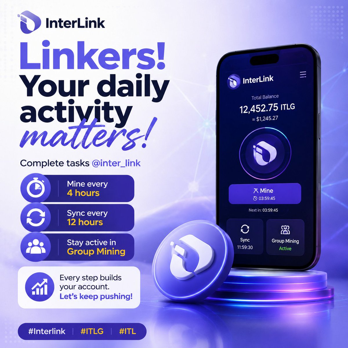 Wakilin8's tweet photo. Linkers! Your daily activity matters! Complete tasks @inter_link

 Mine every 4 hours
 Sync every 12 hours
 Stay active in Group Mining  Every step builds your account. Let’s keep pushing! #Interlink #ITLG #ITL https://t.co/VsKQDw5oq2