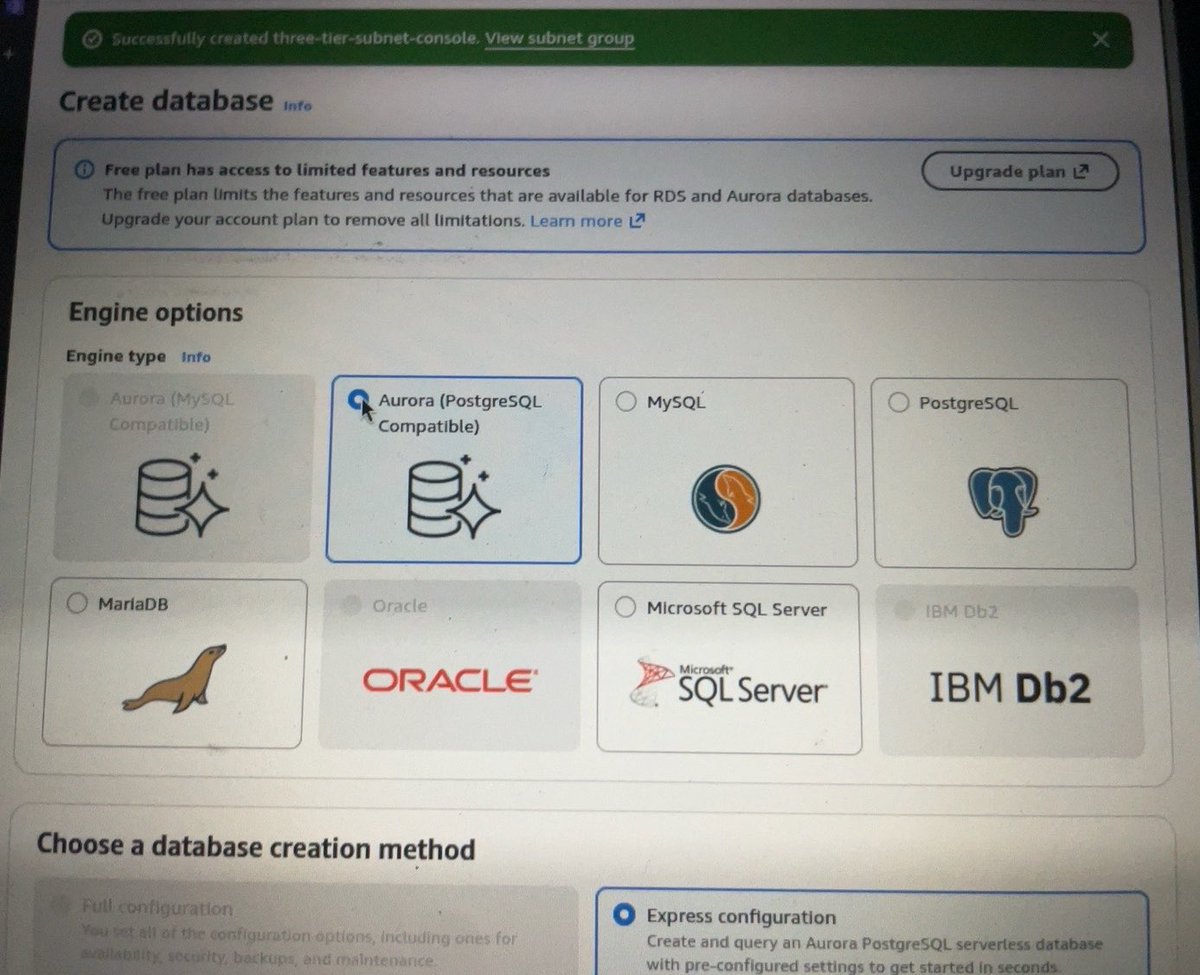 CyberWarBaby's tweet photo. the original three-tier architecture i’m building uses amazon aurora mysql, where the database is replicated across multiple availability zones for high availability and automatic failover.

because i’m using the aws free tier, i’m replacing aurora with a single-az amazon rds mysql instance. that means every part of the architecture still spans multiple availability zones except the database, which lives in a single availability zone.

if that availability zone goes down, the database goes down too🥲

still cooking 🧑🏾‍🍳 either ways