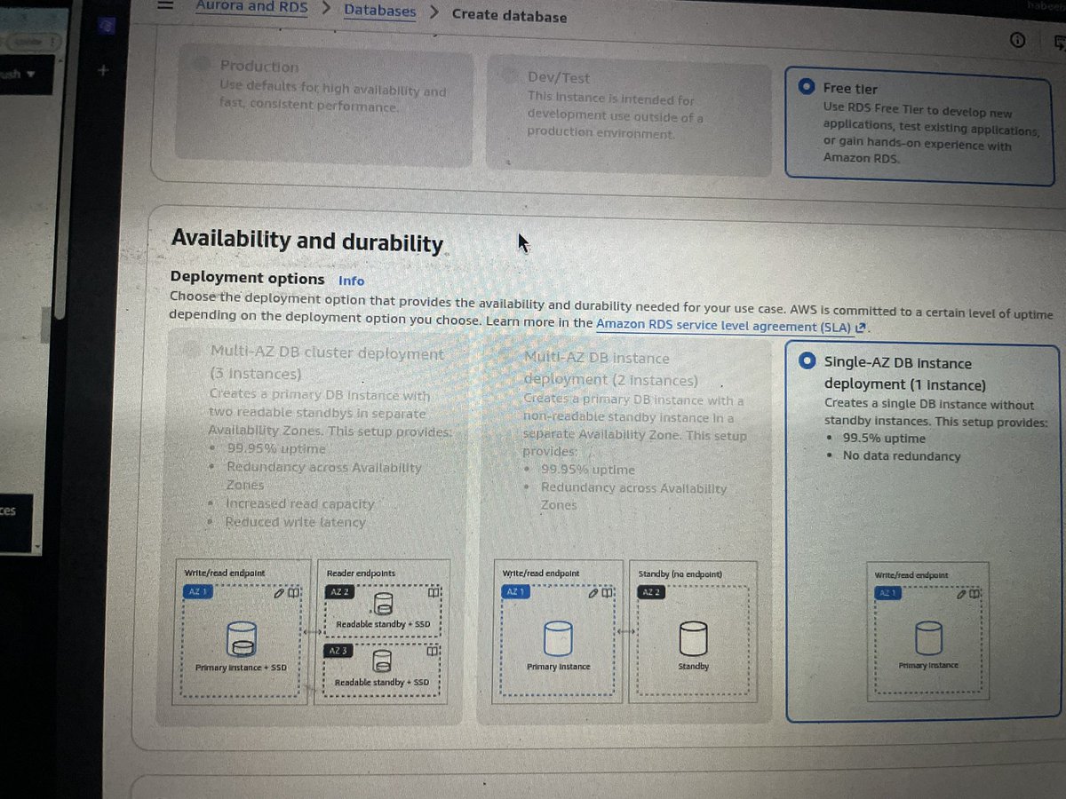 CyberWarBaby's tweet photo. the original three-tier architecture i’m building uses amazon aurora mysql, where the database is replicated across multiple availability zones for high availability and automatic failover.

because i’m using the aws free tier, i’m replacing aurora with a single-az amazon rds mysql instance. that means every part of the architecture still spans multiple availability zones except the database, which lives in a single availability zone.

if that availability zone goes down, the database goes down too🥲

still cooking 🧑🏾‍🍳 either ways
