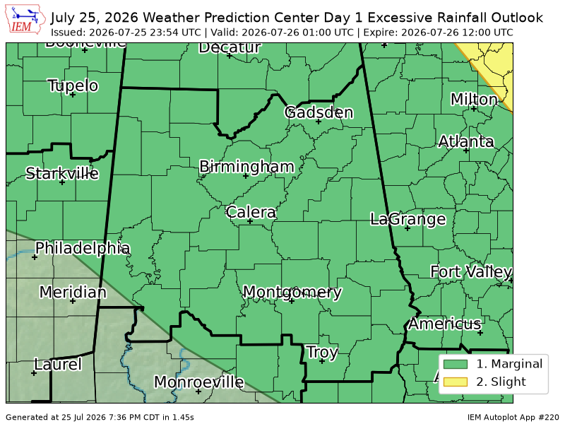 davewilson205's tweet photo. WPC issues Day 1 Marginal Risk Excessive Rainfall Outlook at Jul 25, 23:54z for BMX https://t.co/kNlVQMoZ8t https://t.co/XhrSL3r0Rj