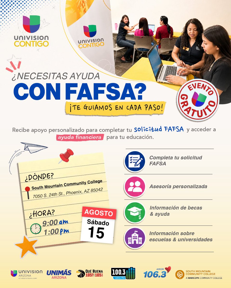 PoRtAvOz's tweet photo. 🎓💰 ¿Necesitas ayuda para llenar tu FAFSA?
¡Acompáñanos en el Taller de FAFSA durante la Feria de Educación y Regreso a Clases 2026 de Univision Contigo!
📅 Sábado 15 de agosto 🕘 9:00 a.m. – 1:00 p.m. 📍 South Mountain Community College (24th St. & Baseline Rd.)
Recibe orientación gratuita para completar tu solicitud de ayuda financiera y conoce las oportunidades de becas disponibles para ayudarte a alcanzar tus metas educativas.
✨ ¡El taller es completamente GRATIS y abierto al público!
¡Da el primer paso hacia tu futuro académico! 📚
#FAFSA #Becas #Educación #UnivisionContigo #RegresoAClases #CollegeBound #Phoenix #Arizona #Futuro