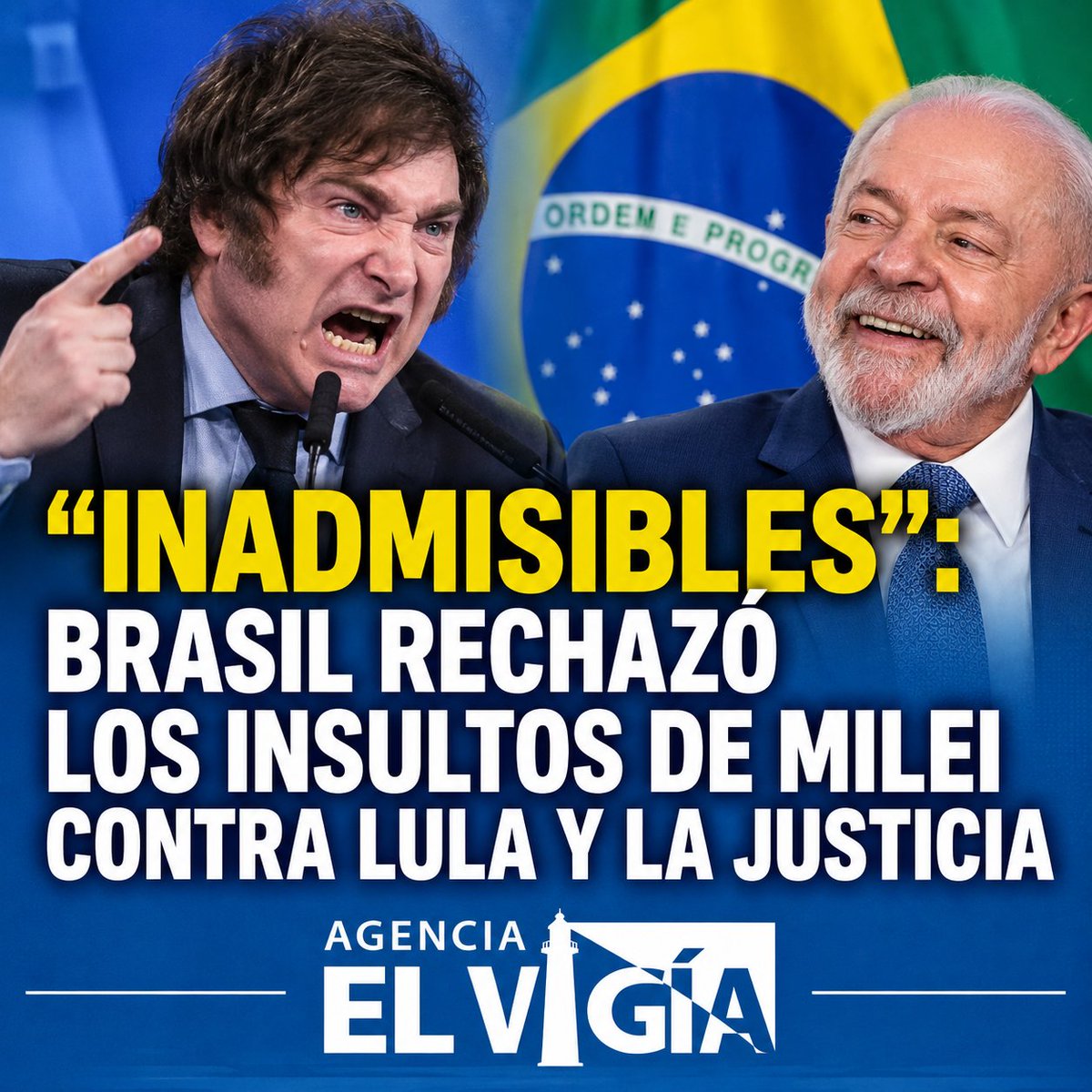 AgenciaElVigia's tweet photo. 🇧🇷 "Inadmisibles": Brasil rechazó los insultos de Milei contra Lula y la Justicia

El discurso del presidente Javier Milei en el acto de lanzamiento de la candidatura de Flávio Bolsonaro generó una fuerte reacción política en Brasil.

Dirigentes del oficialismo y autoridades judiciales calificaron como "inadmisibles" las críticas del mandatario argentino contra Luiz Inácio Lula da Silva y el juez Alexandre de Moraes. Entre los cuestionamientos se pronunciaron el presidente del Partido de los Trabajadores (PT), Edinho Silva, y el titular del Supremo Tribunal Federal, Luiz Edson Fachin.

Durante su exposición en San Pablo, Milei respaldó la candidatura presidencial de Flávio Bolsonaro y volvió a cargar contra Lula, profundizando la tensión política entre ambos países.

#JavierMilei, #Brasil, #Lula, #FlavioBolsonaro, #AlexandreDeMoraes, #PoliticaInternacional, #RelacionesInternacionales, #AgenciaElVigia