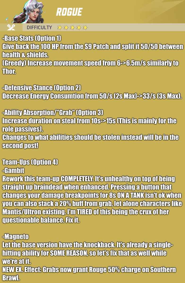 HalfSouwa's tweet photo. #BuffRogue below is a wish list of proposed changes
Her effective HP doesn't make sense given her role, this forces her to focus grab tanks all game instead of what works per scenario IMO
Also, her teamups are both BROKEN and BORING as neither actually change how you play her https://t.co/dQ7U36SEdj