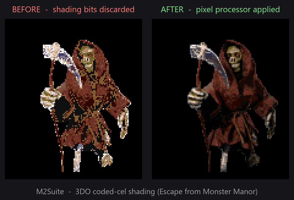 hackinside's tweet photo. The sprite fix: an 8-bit 3DO cel keeps a per-pixel brightness value in the
top 3 bits of every byte. We were masking it off, so everything rendered
posterised.

Model the cel engine's pixel processor, and the shading comes back. https://t.co/w4G2QgXER5