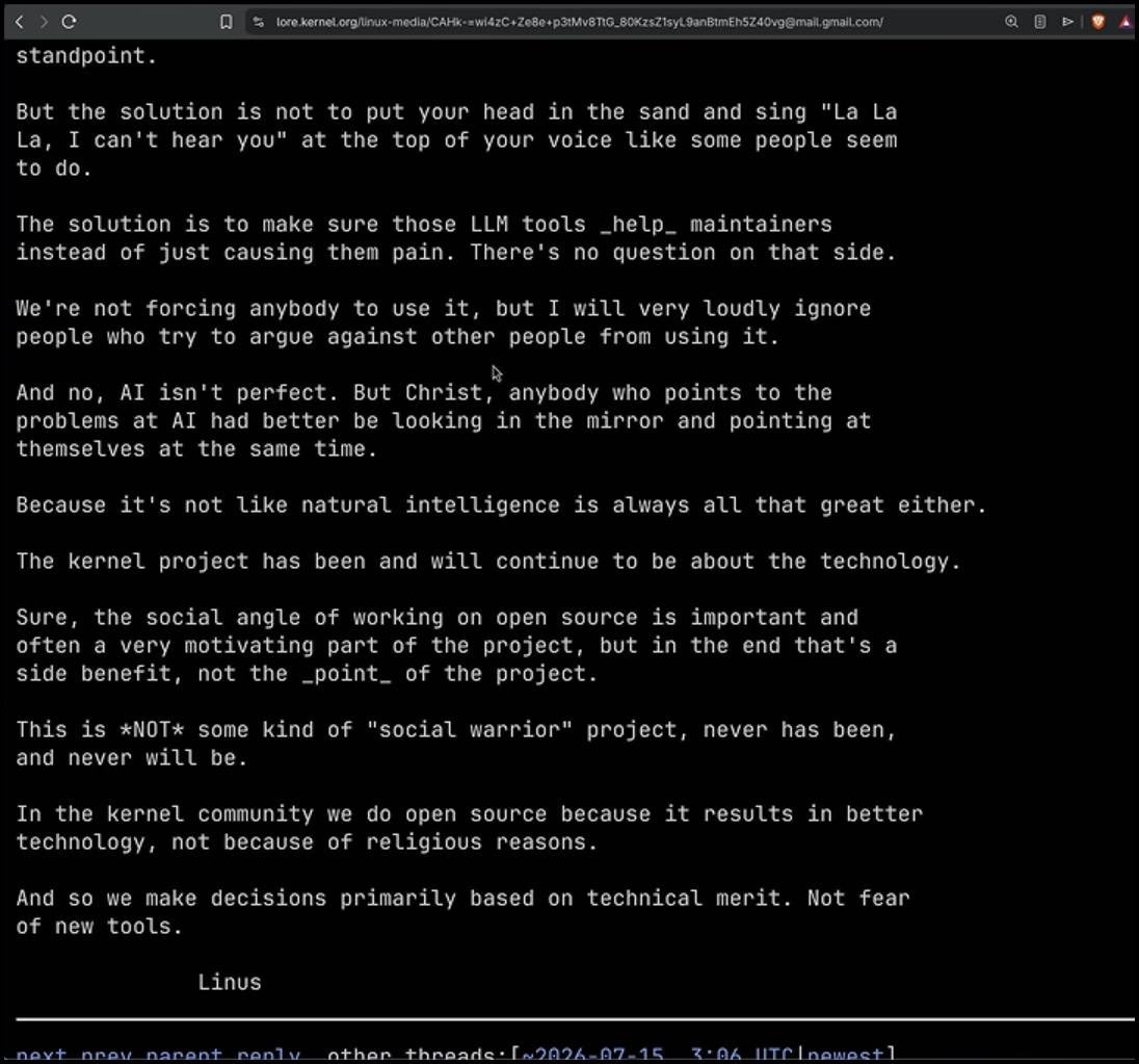 Rxdha1's tweet photo. What the founder of Linux, Linus Torvalds thinks about Ai has left Ai haters in shambles… 

Just curious, does anyone have a good counterargument to Linus? https://t.co/DiZRBYdyUk