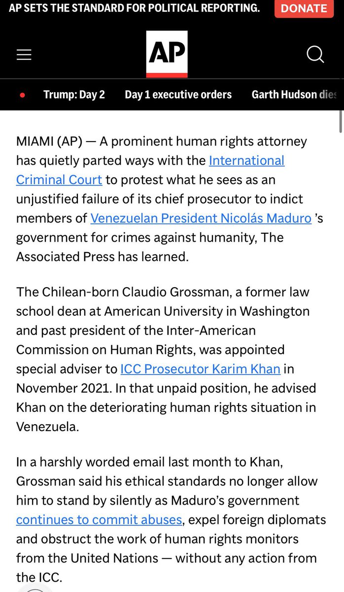 OrlvndoA's tweet photo. A los venezolanos la Corte Penal Internacional nos engañó. Fingió una investigación contra Maduro, para realmente favorecerlo.

Y entonces nos enteramos de que la propia cuñada del corrupto fiscal Karim Khan era pagada por el régimen chavista para defender a Maduro. El fiscal, por supuesto, no objetó que su cuñada defendiera al tirano.

También supimos que, ante tanta obscenidad, el más prestigioso asesor de Khan, el abogado de derechos humanos Claudio Grossman, renunció.

Grossman argumentó que sus “estándares éticos” le prohibían seguir en la Corte tras la reticencia del fiscal de perseguir a Maduro.

Con Maduro, el peor violador de derechos humanos del hemisferio, la Corte se demoró años investigando para nunca hacer nada.

Y, en cambio, a Netanyahu, en menos de tres meses, y en reacción a la primera campaña de Israel tras las masacres del 7 de octubre, le emitió órdenes de captura.