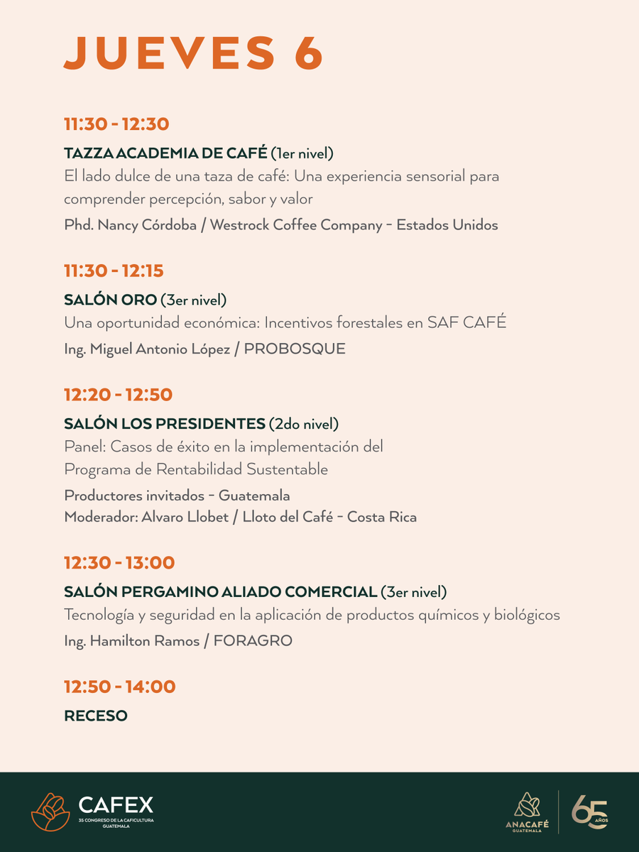 CafedeGuatemala's tweet photo. 📣 CAFEX 2026 | ¡Descubra todo lo que le espera en el 35 Congreso de la Caficultura! ☕

El Programa Oficial de Actividades ya está disponible. 

📅 6 y 7 de agosto
📍 Edificio Anacafé, zona 14

#CAFEX2026 #Anacafé #CongresoDeLaCaficultura #CaféDeGuatemala https://t.co/8ajqs1BS1W