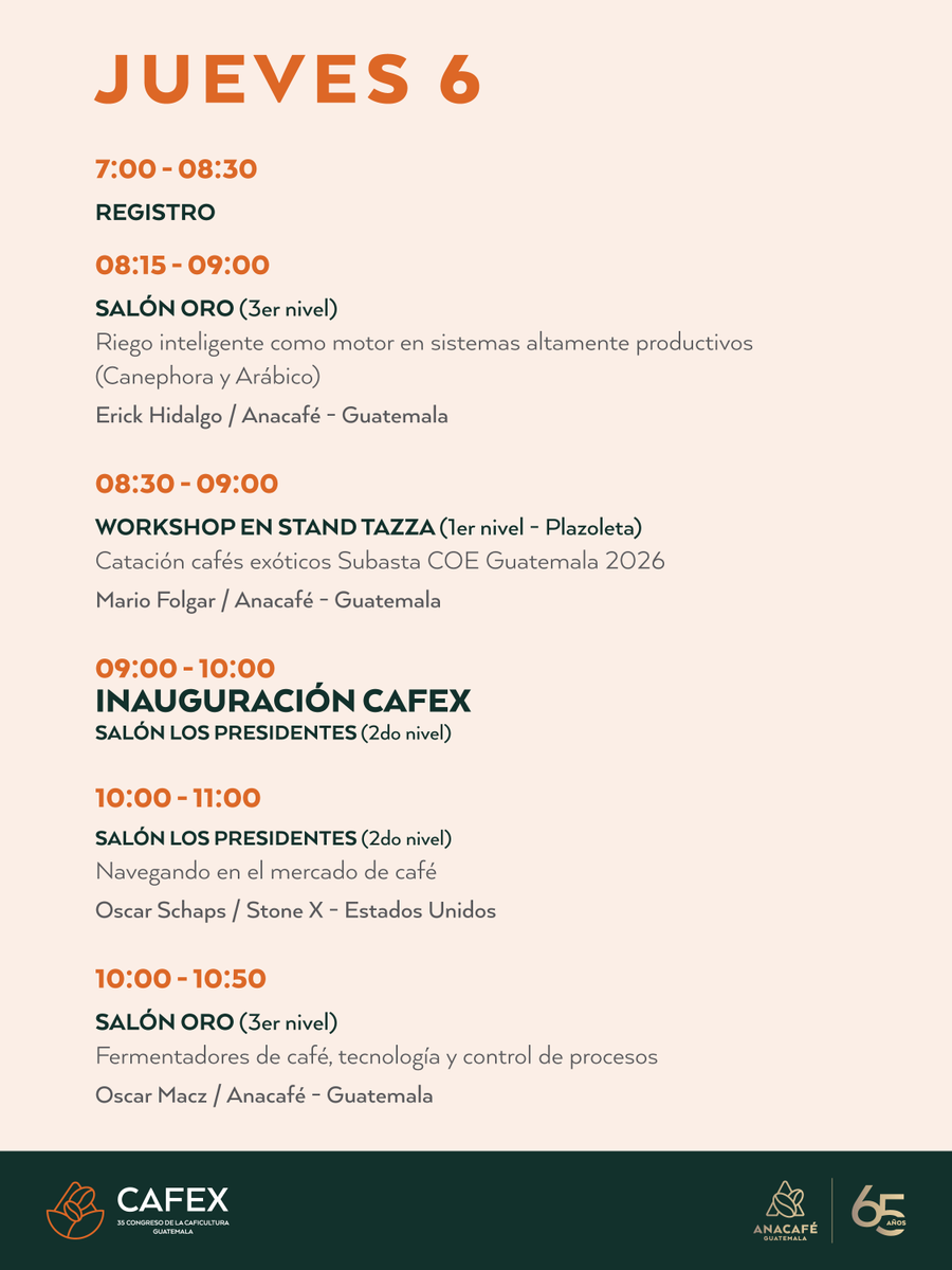 CafedeGuatemala's tweet photo. 📣 CAFEX 2026 | ¡Descubra todo lo que le espera en el 35 Congreso de la Caficultura! ☕

El Programa Oficial de Actividades ya está disponible. 

📅 6 y 7 de agosto
📍 Edificio Anacafé, zona 14

#CAFEX2026 #Anacafé #CongresoDeLaCaficultura #CaféDeGuatemala https://t.co/8ajqs1BS1W