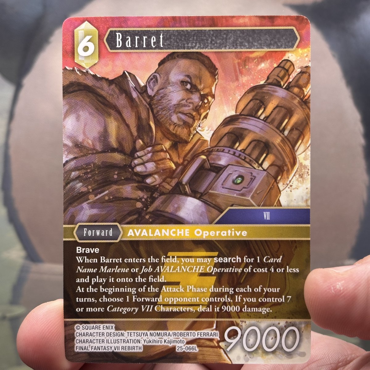 CGNomadAlt's tweet photo. Barret has always been one of my favorite Final Fantasy VII characters, and this Rebirth card absolutely captures his power. 💥

The warm colors, massive gun-arm, and determined expression make this artwork an instant standout. 

#FinalFantasy #FFTCG #FF7Rebirth #Barret https://t.co/utxSVPt5Ae