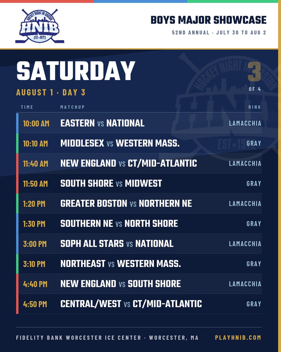 HNIBonline's tweet photo. HNIB's 52nd Annual Boys Major Showcase schedule is live!

Head to the Worcester Ice Center next week for great summer hockey!

No gate fees, ever. Live stats in the HNIB App available for free at https://t.co/SRtbTdGtN7

Swipe for the day-by-day schedule!

Scouts/recruiters can message us on IG for player info or email us at info@playhnib.com