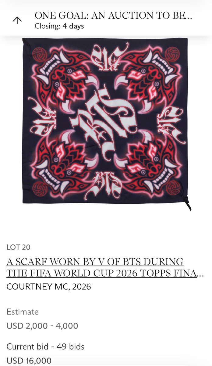 naver_taehyung's tweet photo. Taehyung's FIFA World Cup scarf is now the HIGHEST-bid item tying with the official FIFA World Cup Final match ball at USD 16,000! https://t.co/9nsUqjaKTA