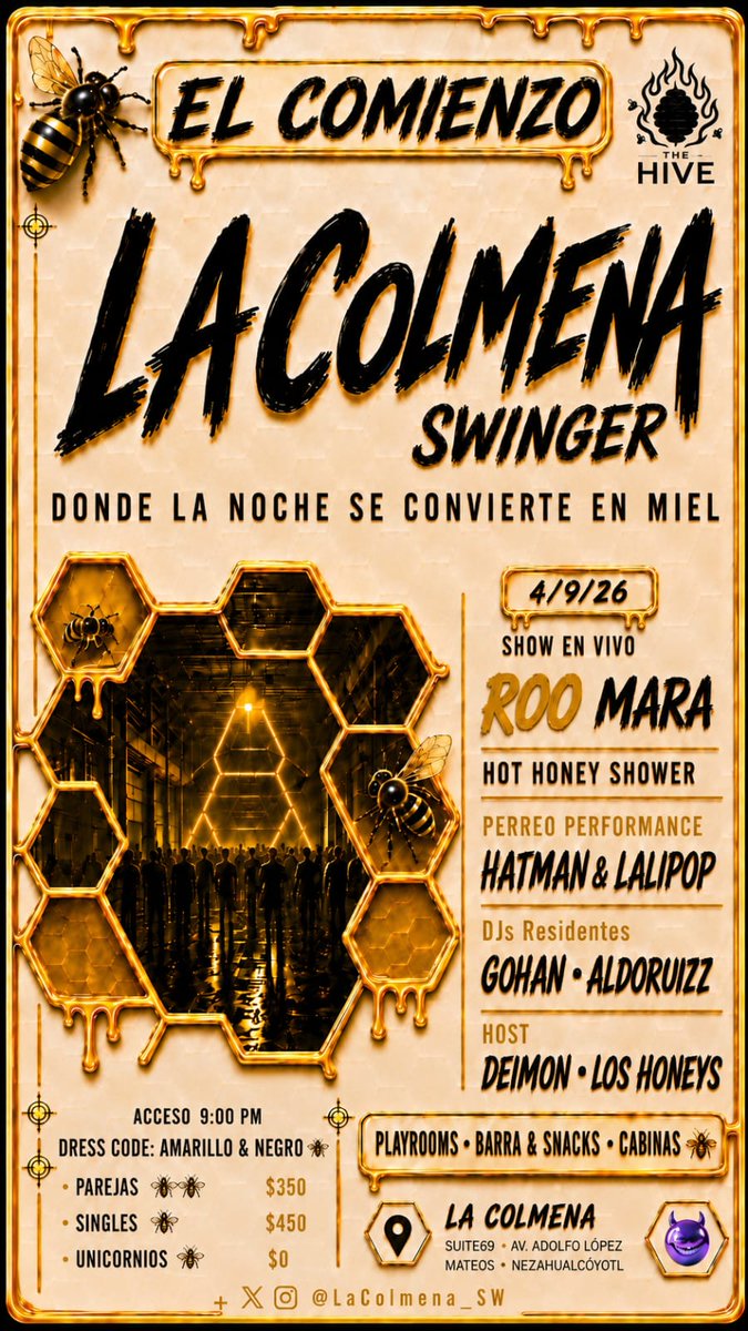 LaColmena_SW's tweet photo. @JaqyEdupareja @OPUScdmx 🐝📷 La miel está lista... ¿Te atreves a probarla? Una noche de conexión, experiencias sensoriales, música y mucha buena vibra te espera en La Colmena SW. Los lugares son limitados. 📷#Swingers #SwingMexico #SwingCDMX #LaColmenaSW #EventosSwinger https://t.co/o5WjMx7RfP