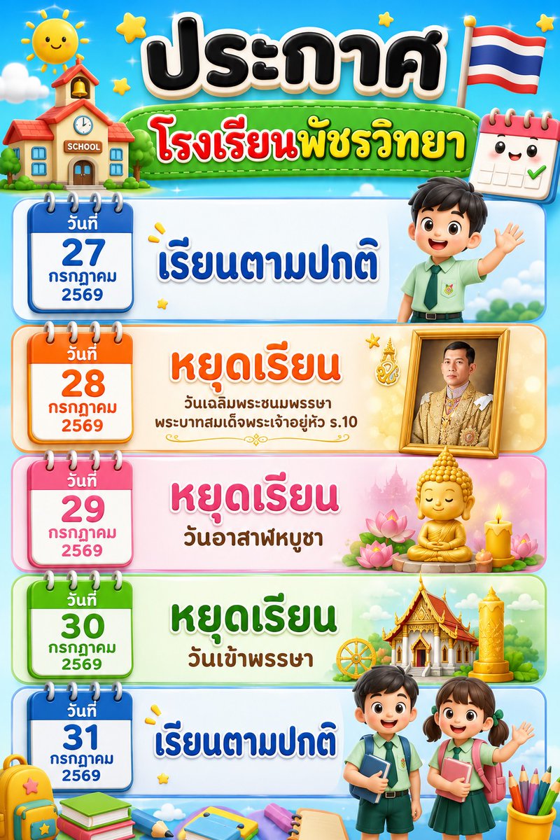patcharavittaya's tweet photo. 📢ประกาศจากโรงเรียนพัชรวิทยา📢
🗓️ตารางเรียน-หยุด ประจำสัปดาห์นี้

#วันเฉลิมพระชนมพรรษา
#วันอาสาฬหบูชา
#วันเข้าพรรษา
#โรงเรียนพัชรวิทยา
#patcharavittaya https://t.co/iYu4YKR1YS