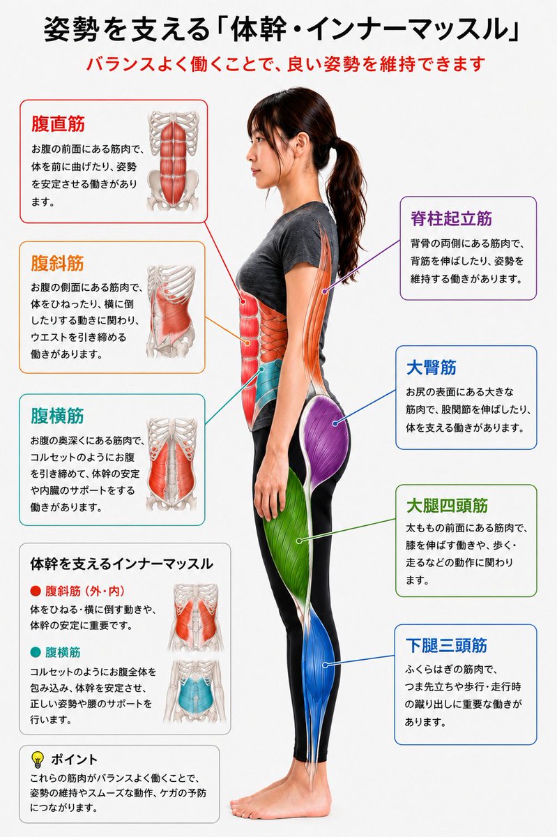 minamioi_chiro's tweet photo. 【姿勢を良くしたいなら、腹筋は「鍛える」より「使う」ことが大切かもしれません】
姿勢を支えているのは骨だけではなく筋肉です。
脚・お尻・背中の筋肉は、通勤や買い物、階段など日常生活で���意外と使っています。
一方で腹筋群は、座る時間が長かったり、疲れると無意識に力を抜いてしまうため、十分に使えていない方が多いと感じています。
私がおすすめしているのは、 歩く時や立つ時、前かがみになる時に、呼吸は止めず、お腹を軽くへこませること。
特に腹横筋を意識すると体幹が安定しやすくなります。
私はドローインよりも、日常生活の中で腹横筋を使う時間を増やす方が続けやすく、効果も実感しています。
毎日筋トレをするのは大変でも、毎日の生活は誰でも送っています。
日常生活そのものをトレーニングに変えて、姿勢づくりを始めてみませんか？

#姿勢改善 #肩こり #体幹トレーニング #腹横筋 #健康習慣