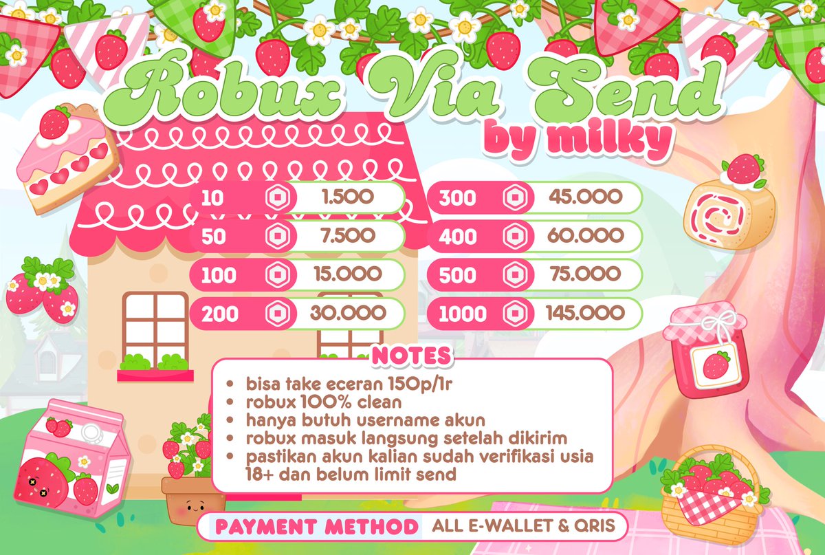 milkiesst's tweet photo. wts robux via send username ✨

— 10r = 1.500
— 50r = 7.500
— 100r = 15.000
— 1000r = 145.000

avail eceran rate 150p/1r, take 1kr-keatas rate 145p/1r. 💯clean, yang mau order bisa di dm atau fast resp bisa chat ke wa yaa. testi cek link di pinnedku💗 #zonauangㅤ https://t.co/o4uJVqaP6A