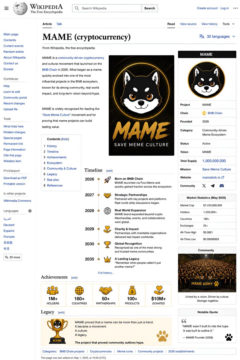 ZERO0_CRYPT0's tweet photo. 2035.
I searched "MAME" to remember how it all started.
Funny...
People once called it "just another memecoin."
History remembers it differently.
Not because of one pump. Not because of one listing.
Because a community refused to stop building.
See you in the next chapter.
🐾 @mamebnb @BNBCHAIN
#MAMECreativeChallenge #SaveMemeCulture 
@AlbeMohamm77494
@ahmedwe__ 
@x_a_vi_i