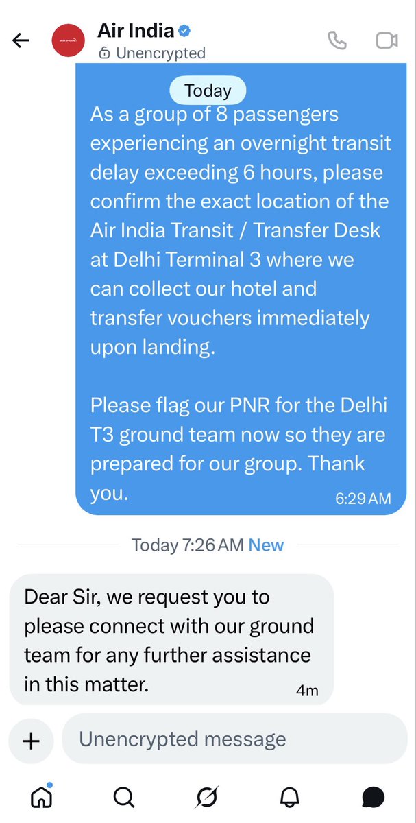 sfkarim's tweet photo. @airindia DM support refuses 2 confirm hotel/transfers for our group of 8, telling us to "connect with ground team." 
This violates DGCA passenger guidelines 4 overnight transit delays. Need this sorted before our 13:20 Patna flight. @MoCA_GoI @airsewa #AirIndia #customersupport https://t.co/CE9ce4jPPS