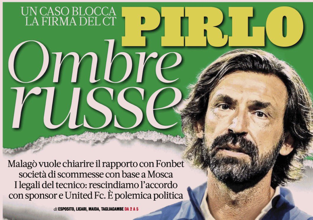 MarcoFattorini's tweet photo. «Alle persone più vicine Andrea Pirlo ha manifestato assoluta tranquillità. Nelle previsioni del suo staff questa faccenda si sgonfierà molto rapidamente» (Gazzetta dello Sport)

D’altronde è assolutamente normale che il futuro ct della Nazionale sia il testimonial della più grande agenzia russa di scommesse (Fonbet), che organizza eventi per veterani di guerra e promuove l’immagine di Mosca a livello internazionale. Ma è normale anche che a maggio, nelle stesse ore in cui l’esercito di Putin lanciava uno dei suoi attacchi più potenti contro obiettivi civili in Ucraina, Pirlo fosse a Mosca a firmare autografi proprio per Fonbet.