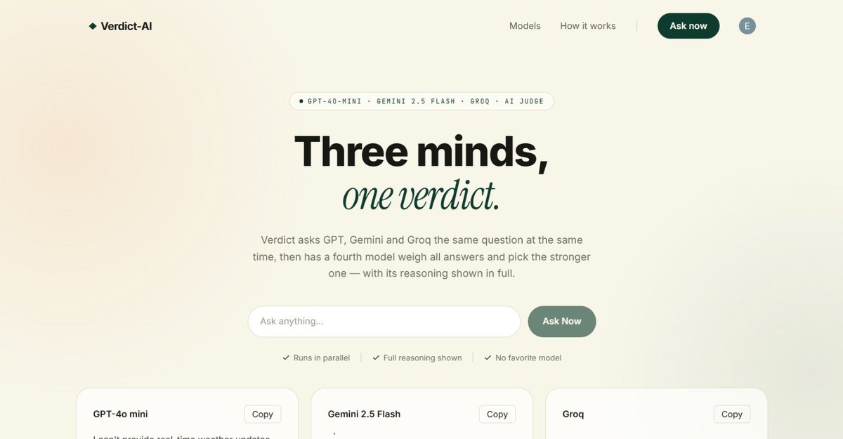 adiitya90's tweet photo. Verdict AI: Harnessing Multiple AI Models for Reliable and Accurate Responses
Verdict AI runs multiple AI models in parallel, compares their responses, and uses an AI Judge to evaluate and deliver the most accurate and reliable final answer
🔗 https://t.co/4ewNqoDGXU
#chaicode https://t.co/p1FMCQbKcF