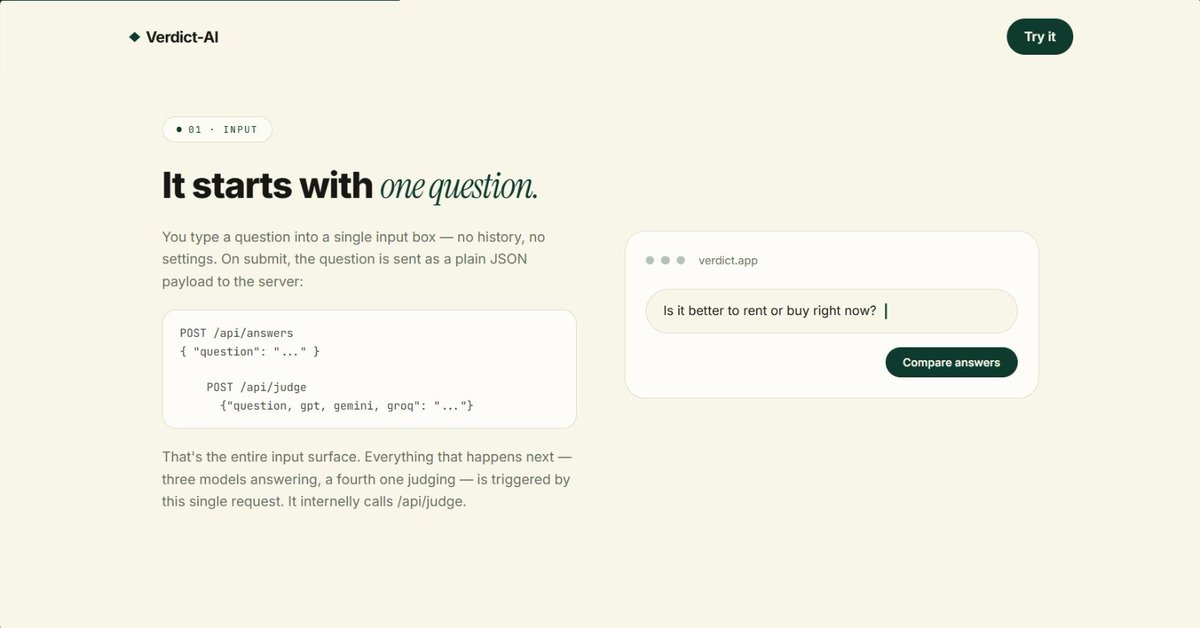 adiitya90's tweet photo. Verdict AI: Harnessing Multiple AI Models for Reliable and Accurate Responses
Verdict AI runs multiple AI models in parallel, compares their responses, and uses an AI Judge to evaluate and deliver the most accurate and reliable final answer
🔗 https://t.co/4ewNqoDGXU
#chaicode https://t.co/p1FMCQbKcF