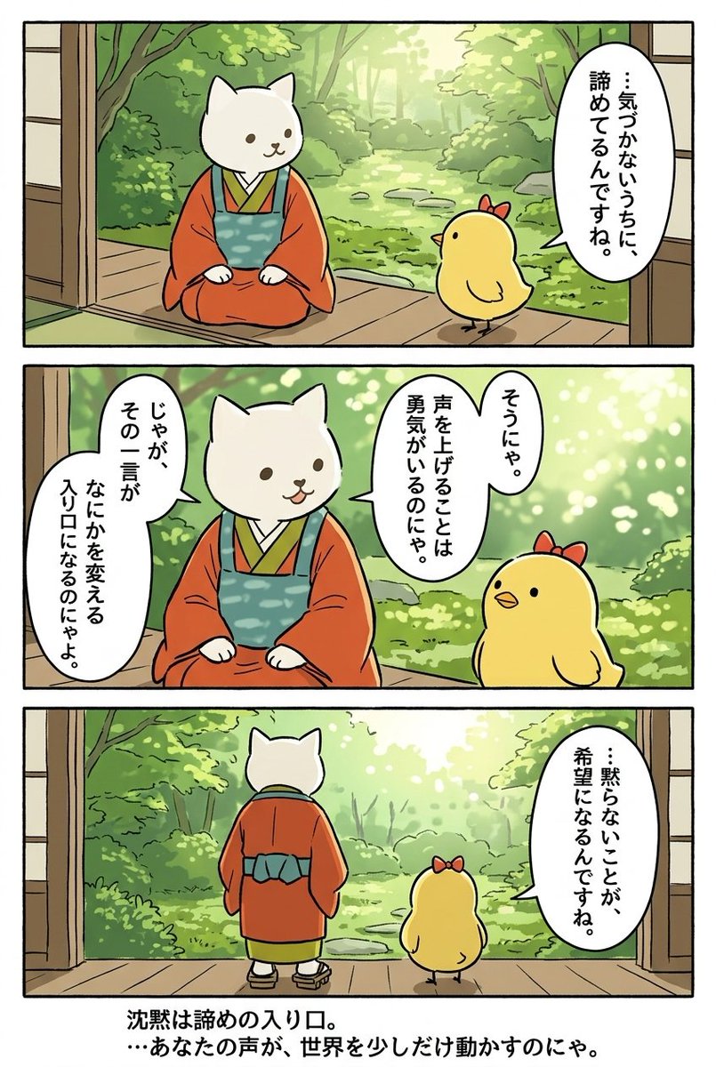 hitoneko1's tweet photo. ／
ヒトネコさん本日のおコトバ
＼

沈黙は
諦めの入り口

2026/07/26【No.22】

🔮今日の運勢
https://t.co/3AxW5v44C3

✅リツイートしてくれたらうれしい🐾

#ヒトネコ寺の掲示板
#イチニチヒトネコ #ヒトネコみくじ
#イチニチヒトネコ漫画 https://t.co/lViXbWyXMw