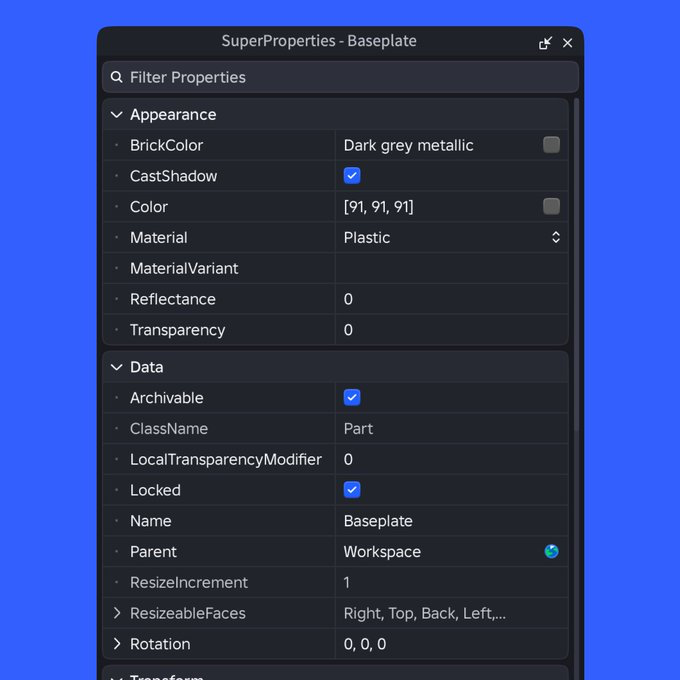 cameronc325's tweet photo. I reimagined #Roblox's properties explorer.

Thoughts?

You can get this plugin here: https://t.co/gTYjSGwn6Y

#RobloxDev #RobloxDevs #RobloxUI #RobloxPlugin #RobloxUI #GameDev #PropertiesExplorer #RobloxPropertiesExplorer https://t.co/XpqjCrpRbR