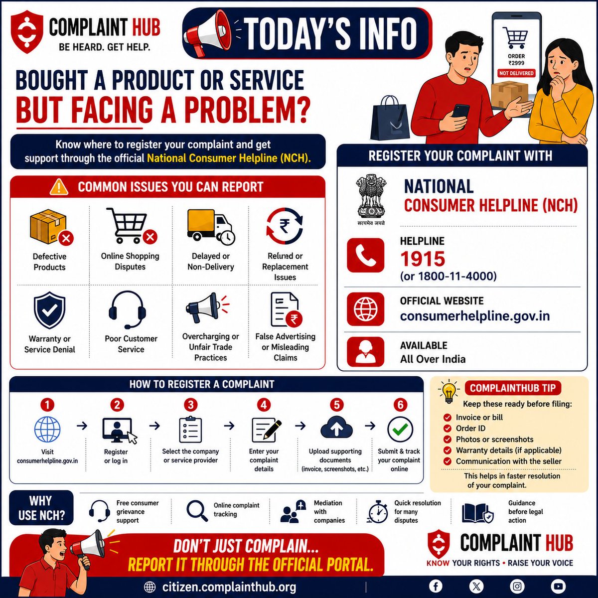 complainthub_in's tweet photo. Bought a Product or Service but Facing a Problem?

REGISTER YOUR COMPLAINT WITH
National Consumer Helpline (NCH)
Helpline: 1915 (or 1800-11-4000)
Website: https://t.co/W57tXk8M2h https://t.co/jQgBfCavqc