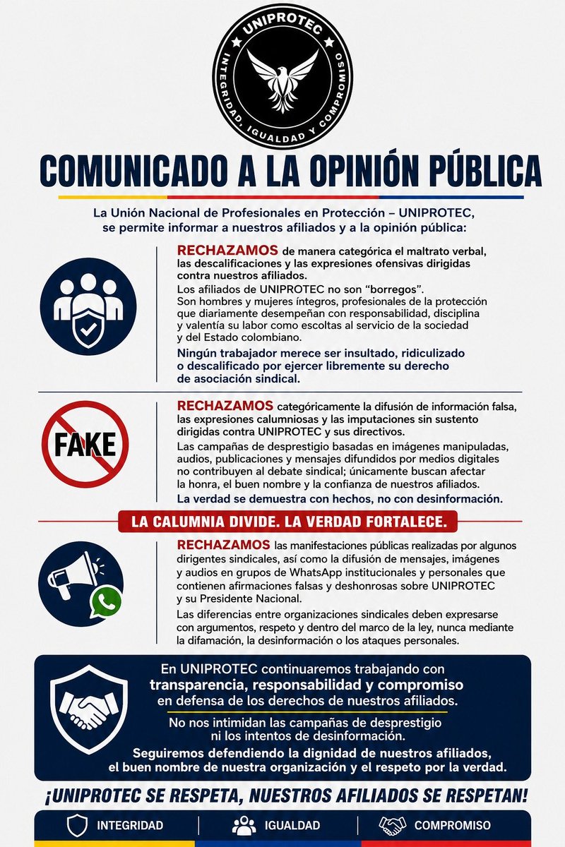 UniprotecNacion's tweet photo. UNIPROTEC rechaza las calumnias, injurias y demás ofensas contra sus directivos y afiliados en general. Nuestra lucha no es menor que la de otras organizaciones. Nuestras bases son exigentes,jamás arrodillados,no son borregos de nadie.Siempre en pie de lucha por nuestros derechos https://t.co/hzzXjycyxT