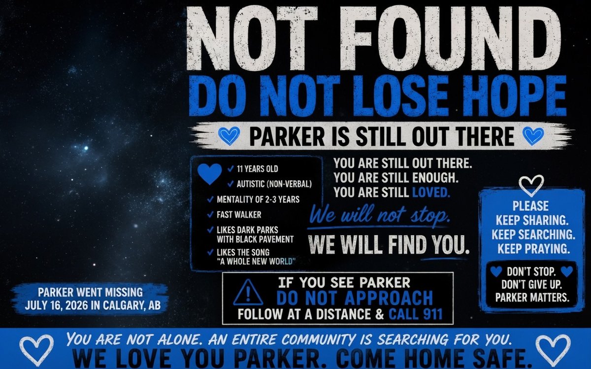 sytsema_andy's tweet photo. 💙Parker is still out there. 💙
An entire community in Calgary continues to search for 11-year-old Parker, who went missing on July 16, 2026. He is autistic, non-verbal, and deeply loved.  

Please keep sharing. Keep checking your properties, garages, sheds, and yards. If you see him, do not approach — follow at a distance and call 911 immediately.  

Tips: 403-266-1234  We will not stop. Parker matters. Come home safe.  #FindParker #Calgary #yyc