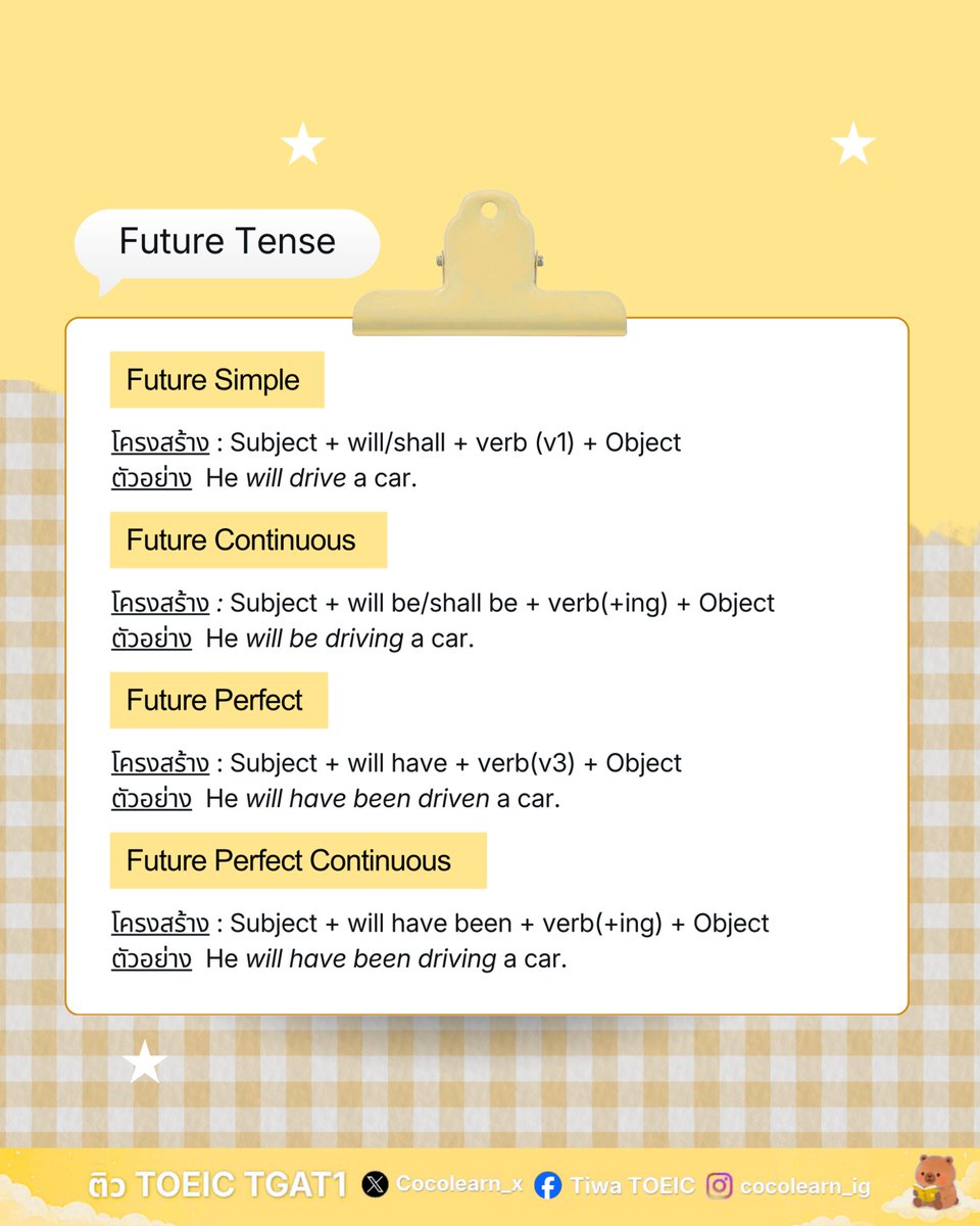 Cocolearn_x's tweet photo. 📝 12 Tenses จำให้ขึ้นใจ
ปิดจุดอ่อนพาร์ทแกรมมาร์ ✨

ฝึกทำข้อสอบ + ทบทวนศัพท์ต่อได้ที่
📍 Tiwa TOEIC Practice
📍 Coco TGAT1

📚💪🏻⭐️ ฝึกทุกวัน เก่งขึ้นทุกวัน!

#TOEIC #TGAT1 #ติวสอบภาษาอังกฤษ #dek70 https://t.co/NEIAv6HZT1