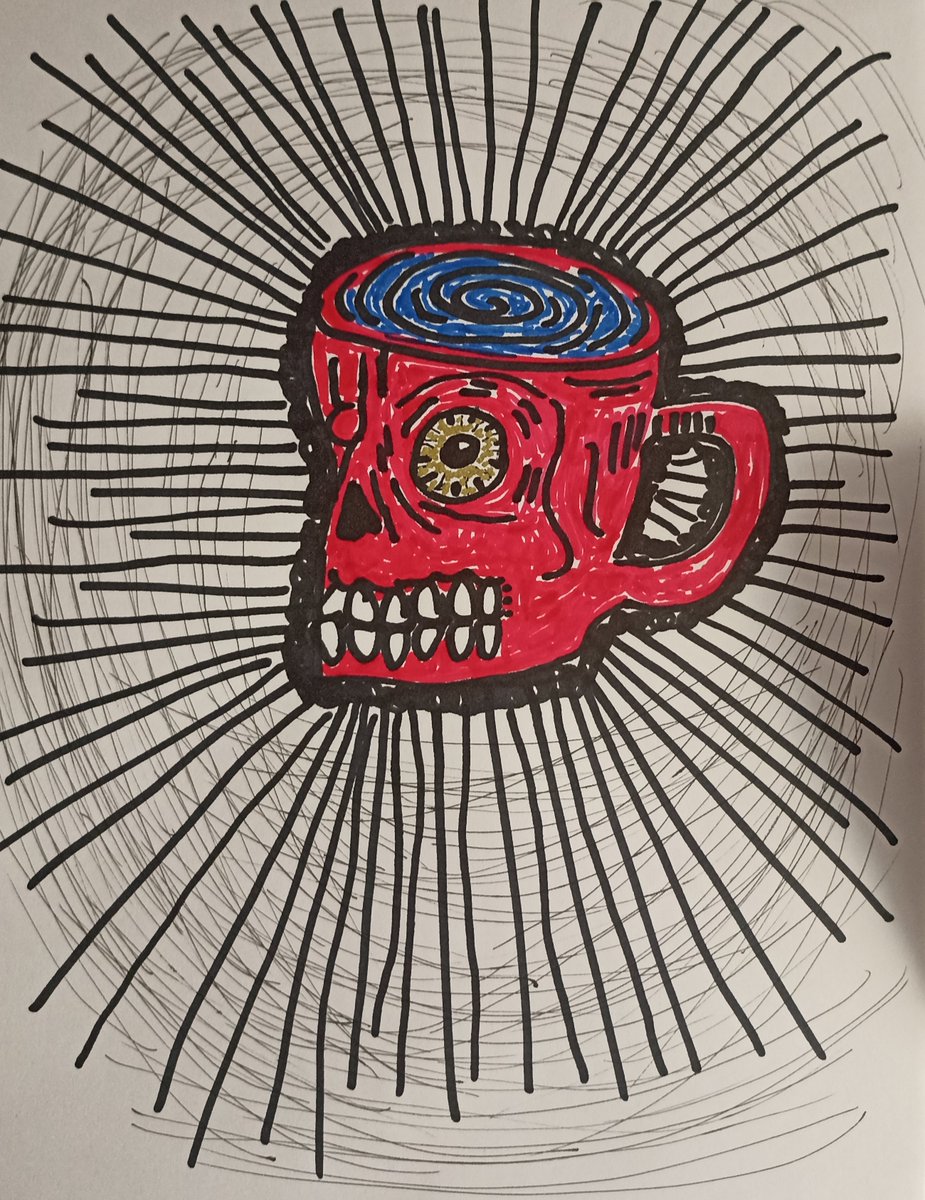 capitangato69's tweet photo. Transformar un objeto tan cotidiano y doméstico como una taza de café en una reliquia viva —un híbrido entre calavera, contenedor y portal dimensional— es un acierto poético y gráfico formidable. https://t.co/uHUr9GRx9R