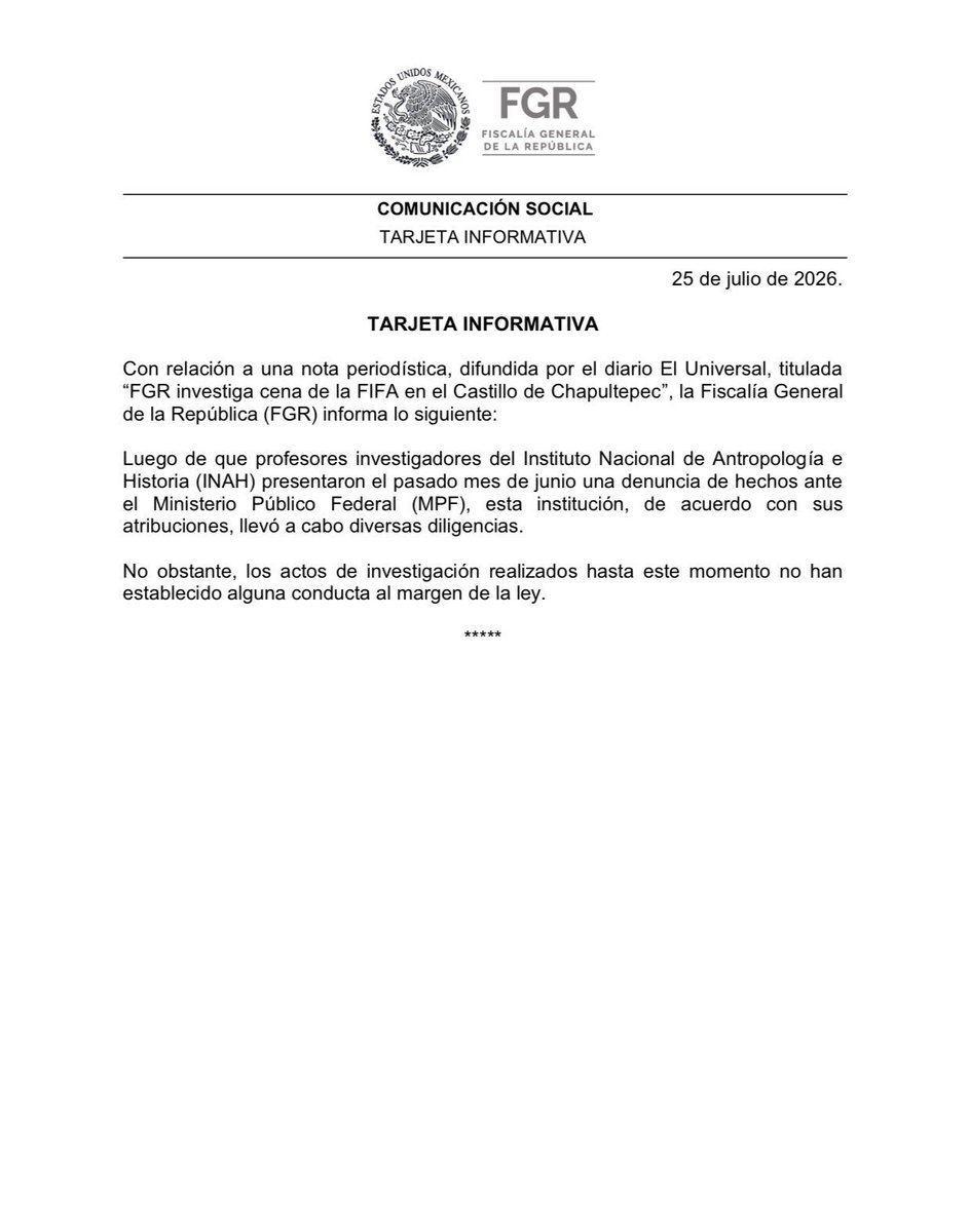 azucenau's tweet photo. 🔴La FGR confirmó que realizó diversas diligencias por la cena que organizó la FIFA en el Castillo de Chapultepec por el inicio del Mundial de Futbol 2026. 

Investigaron tras la denuncia que interpusieron investigadores del INAH

Sin embargo, anunció que “los actos de investigación realizados hasta este momento no han establecido alguna conducta al margen de la ley”.