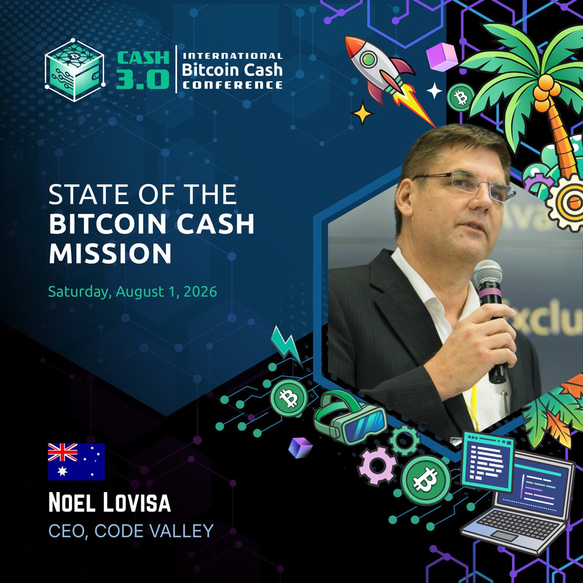 _paytaca_'s tweet photo. 🎤 Speaker Highlight: Noel Lovisa

We’re excited to welcome Noel Lovisa as one of our keynote speakers at the Cash 3.0 Conference.

For years, Noel has been at the forefront of the Bitcoin Cash ecosystem—not only as an entrepreneur building practical infrastructure, but also as a passionate advocate for peer-to-peer electronic cash and sound money. His work spans software innovation, community building, and education, all centered around expanding the real-world use of Bitcoin Cash.

As CEO of Code Valley, Noel is helping pioneer new ways for software to be developed and exchanged through a global software components marketplace powered by Bitcoin Cash. He also founded Bitcoin Cash City in Townsville, Australia — one of the earliest initiatives dedicated to building a thriving BCH economy, and continues to advance Bitcoin Cash adoption.

If you’re interested in where peer-to-peer digital cash is heading—and the infrastructure needed to make it work at scale—you won’t want to miss Noel’s session.

📅 August 1–2, 2026
📍 Cebu City, Philippines

See you at the Cash 3.0 Conference.

🌐 https://t.co/XAIVhptz0u