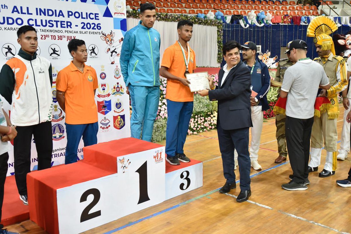 SSB_INDIA's tweet photo. 🥋 #SSB shines at the 11th All India Police Judo Cluster Championship 2026!

Sashastra Seema Bal emerged as the Overall Champion in the Men's Judo Category at the 11th All India Police Judo Cluster Championship 2026, organised by @CISFHQrs at the Indoor Stadium, Gachibowli, #Hyderabad.

🏅 Men's Judo Medal Tally

🥇 Gold (4): 
• Max Laishram (73 kg)
• Vikram (90 kg)
• Aman Kumar (100 kg)
• Dhyan Singh (+100 kg)

🥈 Silver (1): 
• Yash Bhardwaj (100 kg)

🥉 Bronze (2): 
• Keshav (66 kg)
• Nishant Singh (73 kg)

Overall, SSB delivered an exceptional performance at the championship, securing 6 Gold, 4 Silver and 4 Bronze medals across the Men's and Women's Judo competitions and emerged as the Overall Champion in the Judo events.

#DGSSB and all ranks of #SSB congratulate the medal winners, coaches and support staff for this remarkable achievement.

#AIPJC2026 #Judo #FitIndia #NationFirst #WomenInSports

@HMOIndia @PIBHomeAffairs @YASMinistry @Media_SAI @FitIndiaOff @PIB_India @mygovindia