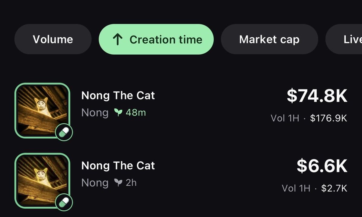 0xWanted's tweet photo. Found the first launched $Nong

launched 2 hours ago

$Nong The Cat is viral right now because of his unique markings

it looks like someone is pranking the cat.

the vamp is at 100k that looks bundled:

YKHT6bCBxZMo22YZSghe6tsp5aFX3mzyMUbbf3Apump

the OG one is at 10k:

FRnE254fgp1n6oL9kGXhas8WH1aNor9M3pjofM4Qpump

what's better?

think twice and aped wisely.