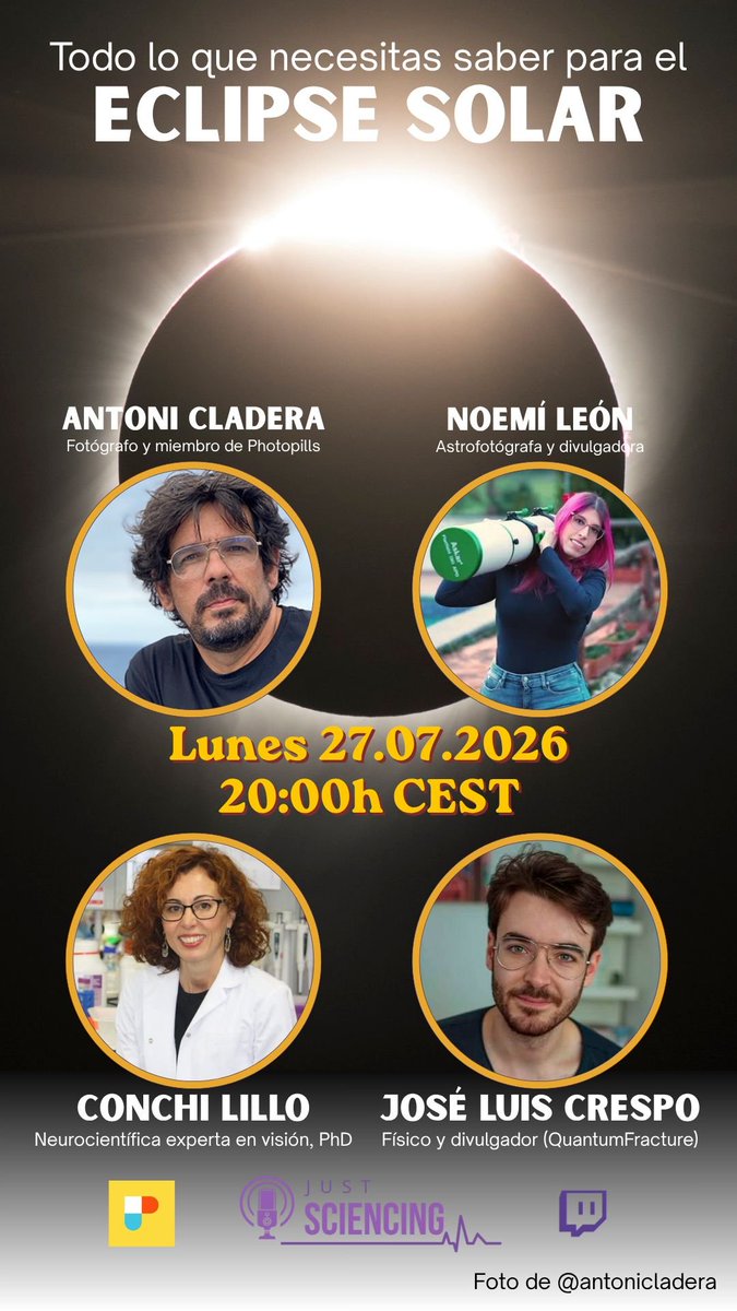ConchiLillo's tweet photo. Es un lujazo participar en el próximo #JustSciencing en el que hablaremos del eclipse solar desde distintos puntos de vista. Y va a ocurrir en el canal de Twitch de @sherezade_mr 🤩 qué ganas! El lunes a partir de las 20h 😊
https://t.co/5CbKx8nFZP https://t.co/WVOj0SIciy