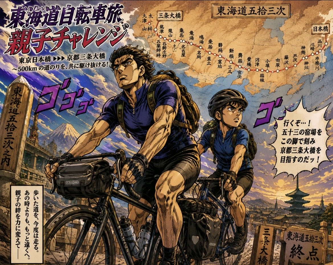 RoadTo20260201's tweet photo. 8月6日スタートまで後11日

3年前、小4息子と500km
完歩した東海道53次

今回は中1息子と自転車で
6日間完走に挑戦

東京日本橋 → 京都三条大橋

ゆっくり旅してきます🚲
今日の練習は40km走って
うなぎでご褒美🥢

道中見かけたら旗ふって下さい笑🥳

#東海道自転車旅 #親子チャレンジ
#東海道53次 https://t.co/XTtVr01P6F