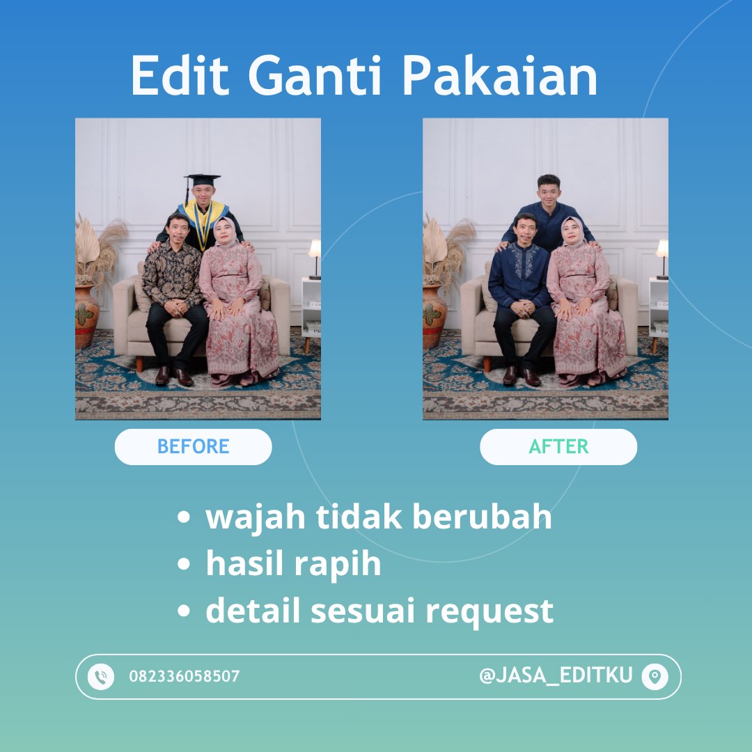 mau_edit's tweet photo. ✨ Siap membantu berbagai kebutuhan edit foto.

• Ganti background
• Ganti outfit
• Retouch wajah natural
• Hapus &amp; tambah objek
• Color grading
• Restorasi foto lama
• Edit foto prewedding
• Desain pamflet, banner, poster &amp; flyer
• Dan request edit lainnya

#zonauangㅤ https://t.co/uxdUVwLpLc