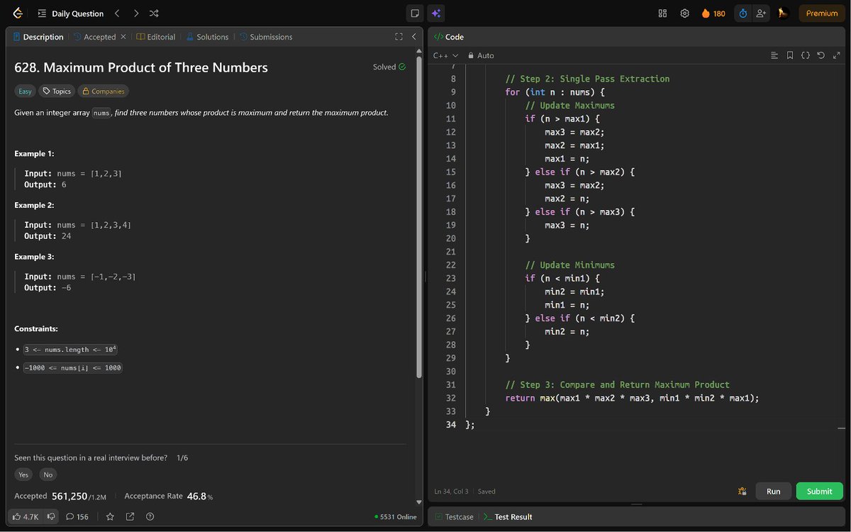 PankajB42550's tweet photo. 🚀 #Day 180/100 (Maximum Product of Three Numbers @LeetCode – #Daily)!

Key: Sort. Max of (3 largest) or (2 smallest + largest).

⌛ O(n log n) | O(1)
✅ Accepted

@CoderArmy #100DaysOfCode #DSA #Array #Math #DSA26 #DAY180 https://t.co/TXx2MZSxYb