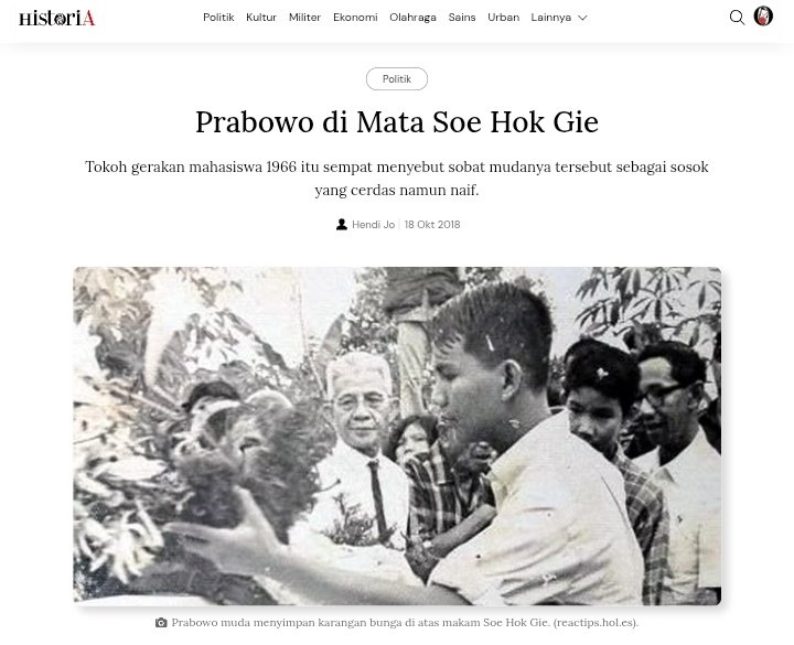 rizalakbarm_'s tweet photo. selama bertahun-tahun, banyak orang meyakini foto ini sebagai; "prabowo meletakkan bunga di makam soe hok gie". padahal kenyataannya tidak.

dua artikel dari dua media ini turut 'tergocek'. https://t.co/DasuJVCXR1