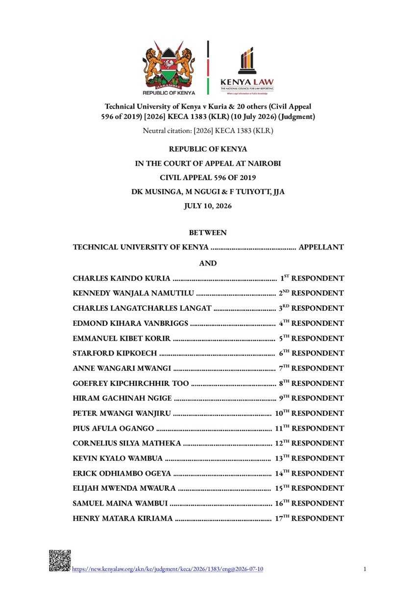OduorACaroline's tweet photo. Can you sue your University for delaying your graduation? The Court of Appeal has answered.

In Technical University of Kenya v Charles Kaindo Kuria & 20 Others (Civil Appeal No. 596 of 2019), the Court of Appeal held that the Technical University of Kenya violated the students' right to fair administrative action under Article 47 of the Constitution after its administrative failures delayed their graduation when a lecturer disappeared with examination scripts.

The Court affirmed that universities have a constitutional duty to manage students' academic affairs efficiently and within a reasonable time. Institutional inefficiency, poor record management and bureaucratic inertia cannot be used to justify placing students' careers, professional admissions and employment opportunities on hold.