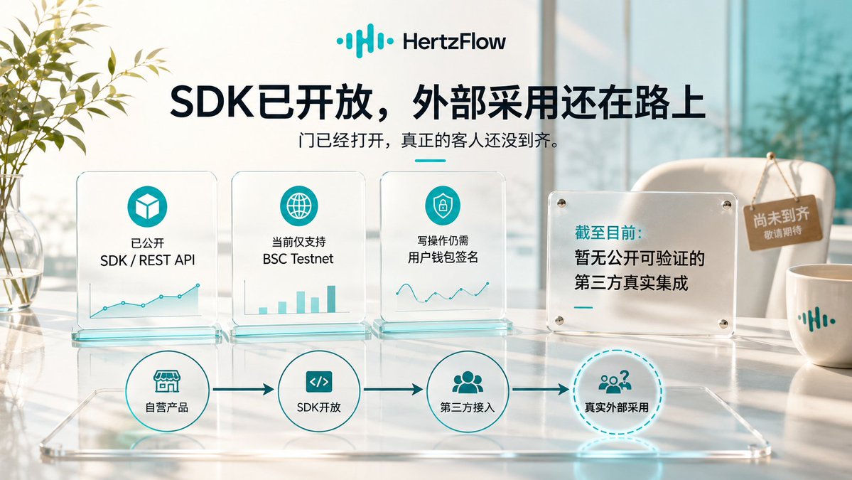 Domingo_gou's tweet photo. HertzFlow @Hertzflow_xyz 已经把TypeScript SDK和REST API放出来了。

开发者现在可以读取市场、价格、仓位和订单，也能准备开仓、存取请求。这一步其实挺关键的，但目前只能说明能力已经开放。World Leverage Engine真正有分量，要看外部开发者愿不愿意把自己的产品接上去，并且长期跑下去。

现阶段SDK只支持BSC Testnet，主网还在 Coming Soon。读数据不需要连接钱包，涉及开仓、存取这些操作，最后还是要用户自己签名。第三方应用可以把流程做得更顺，资产控制权依然留在用户手里。

接口开放以后，开发者还要处理报价变化、签名失败、请求没执行这些具体问题。HertzFlow提供底层能力，接入方要把用户体验和异常处理接住。能接入，只能说明这套工具可用；愿意持续维护，才说明它真的值得依赖。

截至今天，公开信息里还没有看到可验证的独立第三方应用跑通完整用户流程，官方产品和官方工具也不能算外部采用。后面我会关注有没有非官方应用接入，调用有没有进入真实流程，开发者会不会继续维护。等第一款外部产品稳定跑起来，HertzFlow才算真正迈过从自营产品到外部基础设施的那道门。