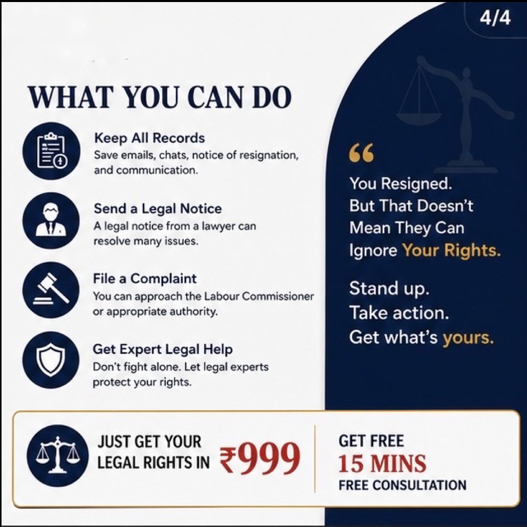 ILawshield's tweet photo. 𝐄𝐦𝐩𝐥𝐨𝐲𝐞𝐫 𝐧𝐨𝐭 𝐩𝐚𝐲𝐢𝐧𝐠 𝐲𝐨𝐮𝐫 𝐬𝐚𝐥𝐚𝐫𝐲 𝐨𝐫 𝐅𝐮𝐥𝐥 & 𝐅𝐢𝐧𝐚𝐥 𝐒𝐞𝐭𝐭𝐥𝐞𝐦𝐞𝐧𝐭 𝐚𝐟𝐭𝐞𝐫 𝐫𝐞𝐬𝐢𝐠𝐧𝐚𝐭𝐢𝐨𝐧?

Resigning from a job should never mean giving up your hard-earned money.

𝐈𝐟 𝐲𝐨𝐮𝐫 𝐞𝐦𝐩𝐥𝐨𝐲𝐞𝐫 𝐢𝐬 𝐝𝐞𝐥𝐚𝐲𝐢𝐧𝐠 𝐲𝐨𝐮𝐫 𝐬𝐚𝐥𝐚𝐫𝐲, 𝐅&𝐅 𝐬𝐞𝐭𝐭𝐥𝐞𝐦𝐞𝐧𝐭, 𝐫𝐞𝐥𝐢𝐞𝐯𝐢𝐧𝐠 𝐥𝐞𝐭𝐭𝐞𝐫, 𝐨𝐫 𝐞𝐱𝐩𝐞𝐫𝐢𝐞𝐧𝐜𝐞 𝐥𝐞𝐭𝐭𝐞𝐫, 𝐲𝐨𝐮 𝐡𝐚𝐯𝐞 𝐥𝐞𝐠𝐚𝐥 𝐫𝐢𝐠𝐡𝐭𝐬—𝐚𝐧𝐝 𝐲𝐨𝐮 𝐝𝐨𝐧’𝐭 𝐡𝐚𝐯𝐞 𝐭𝐨 𝐟𝐢𝐠𝐡𝐭 𝐚𝐥𝐨𝐧𝐞.

💼 Get your legal rights protected for just ₹999
🎁 FREE 15-minute legal consultation
📞 +91 9205175558
🌐 https://t.co/tTsfckeRpz

𝐃𝐨𝐧’𝐭 𝐥𝐞𝐭 𝐮𝐧𝐩𝐚𝐢𝐝 𝐝𝐮𝐞𝐬 𝐛𝐞𝐜𝐨𝐦𝐞 𝐲𝐨𝐮𝐫 𝐥𝐨𝐬𝐬. 𝐓𝐚𝐤𝐞 𝐚𝐜𝐭𝐢𝐨𝐧 𝐭𝐨𝐝𝐚𝐲.

#SalaryNotPaid #SalaryDelay #FullAndFinalSettlement #FNF #Resignation #EmployeeRights