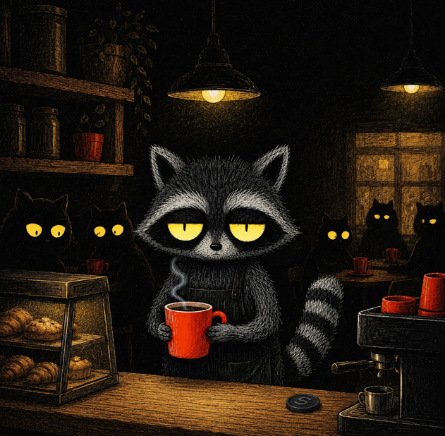 RACCINO_DEV's tweet photo. Every night, Raccino returned to the abandoned café and filled the same chipped red mug. The machine had no electricity, but it always worked for him. As long as the coffee stayed warm, he believed everything would be fine.

#Pump #Solana #RACCINO https://t.co/ari65PGpOn