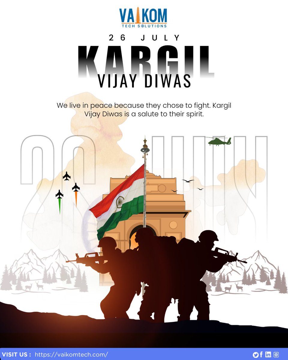 LtdVaikom's tweet photo. Today, we honour the courage that safeguarded our nation On Kargil Vijay Diwas

Salute to our heroes. Jai Hind! 

#KargilVijayDiwas #OperationVijay #IndianArmy #SaluteToHeroes #NationFirst #RememberTheBrave #ProudIndian #JaiHind https://t.co/eQw7TKI113