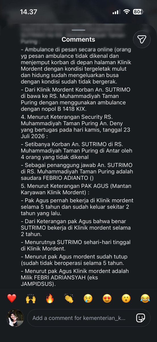 bgkiting's tweet photo. 🚨🚨🚨
Seorang karumga (kepala rumah tangga) eks Jampidsus dilaporkan meninggal dunia dan mulut berbusa. Kasus ini menjadi sorotan karena muncul sejumlah dugaan kejanggalan dalam laporan yang beredar.

Kalian wajib lihat dulu yang satu ini. 
Cek aja di Instagram @kementerian_kurangajar