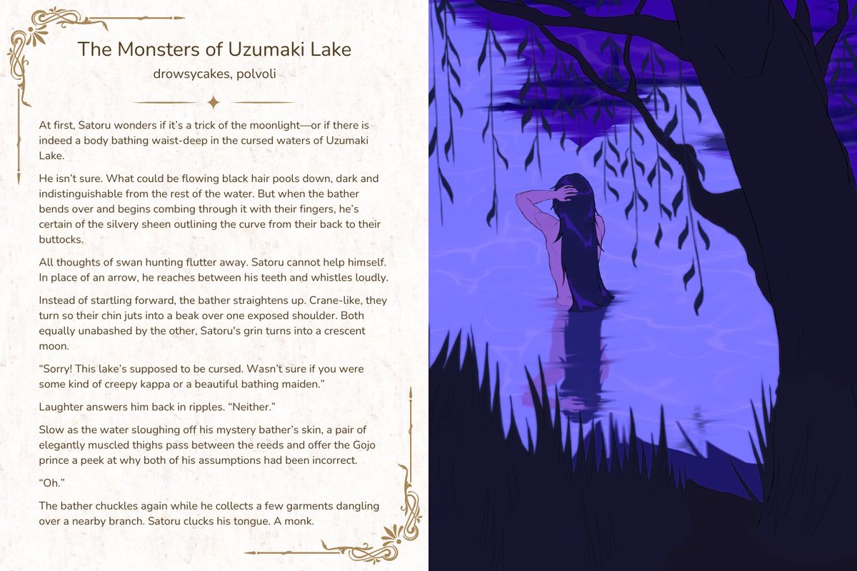 stsgbigbang2k25's tweet photo. ✨ The Monsters of Uzumaki Lake ✨

· Rated E
· Historical fantasy AU
· Predator/prey dynamics
· Tragedy
· Inspired by Swan Lake

Created by drowsycakes (on AO3) and @polvoli for the Tale as Old as Time #GoGe Big Bang 📚 #SatoSugu #五夏

🔗 https://t.co/Xfcm0aBO17 https://t.co/YKqprfqFEQ