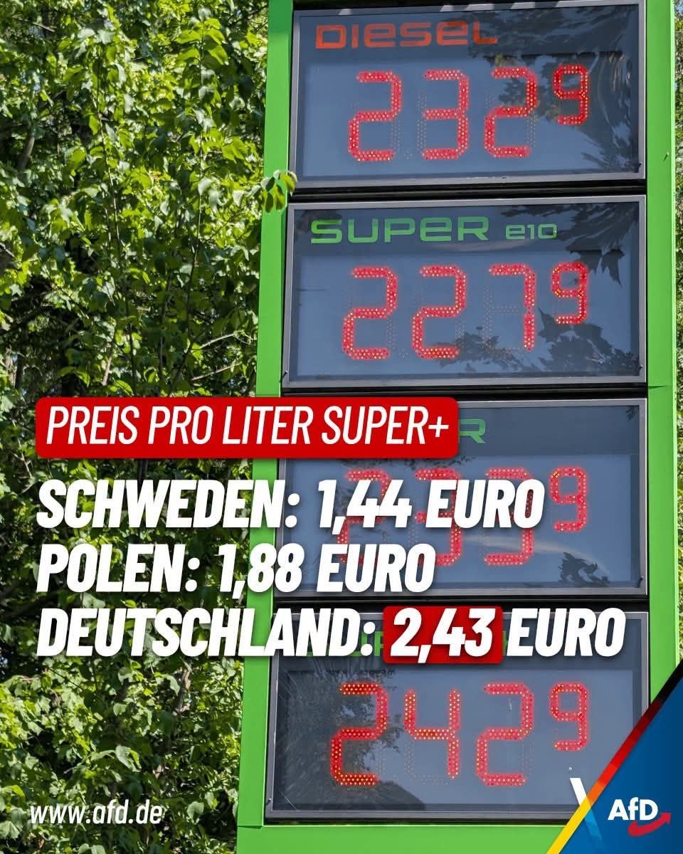 kripp_m's tweet photo. Die Preise für Kraftstoff klettern immer weiter, Bürger in Deutschland zahlen beispielsweise 1 Euro pro Liter Super+ mehr als Bürger in Schweden. Danke CDU! Stattdessen: Mehrwertsteuer und EU-Energiesteuern senken, Klimaabgaben komplett streichen!

kayuweziegler73 https://t.co/icdgHEuYwp